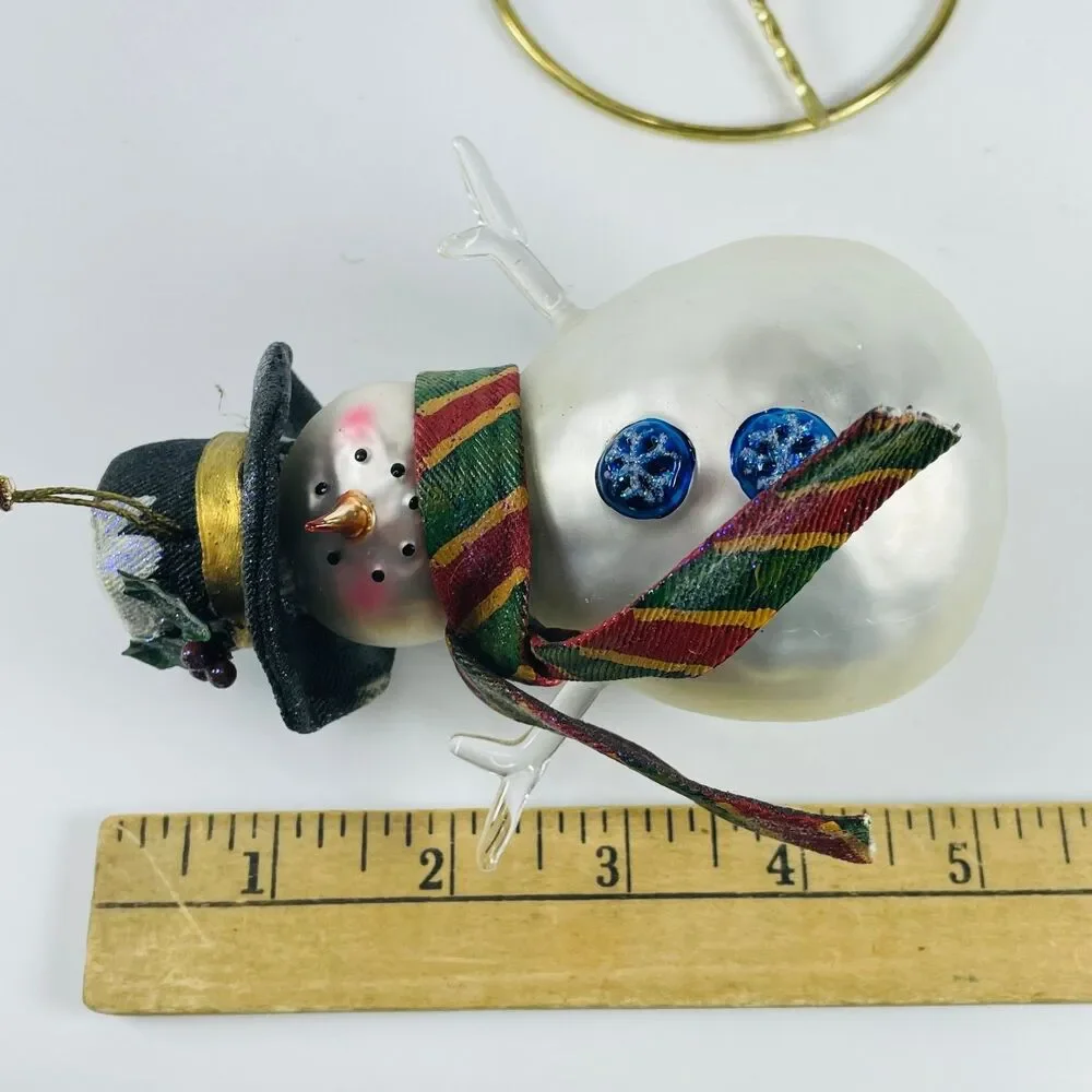 Glass Snowman Ornament Christmas Holiday Large Hand Painted Cloth Hat Scarf
